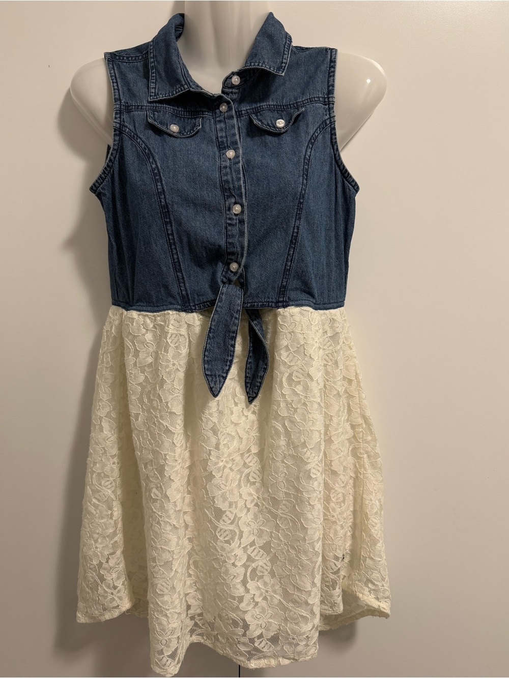 Cute Silver Jeans Denim Dress With Lace Bottom Kids Size Large